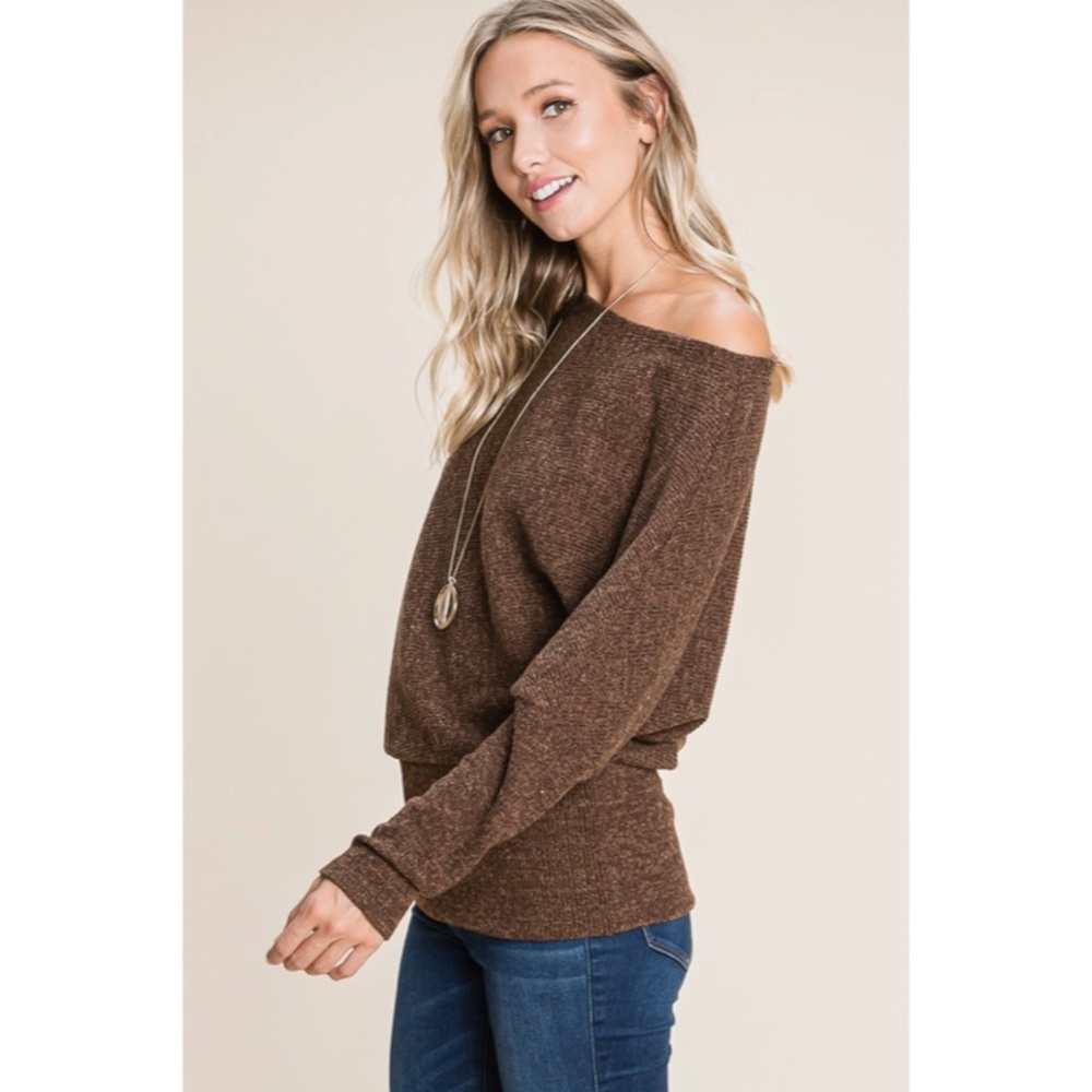SOLD OUT Brown Solid Ribbed Off Shoulder Dolman Sweater - Picture 5 of 6